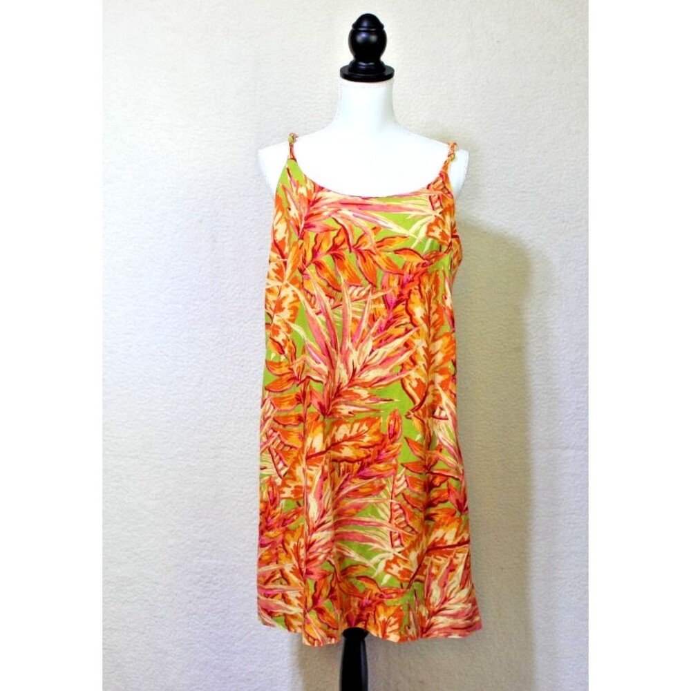 C&C California Sz Med Linen Mini Dress Tropical Print Strap Summer Shift New
